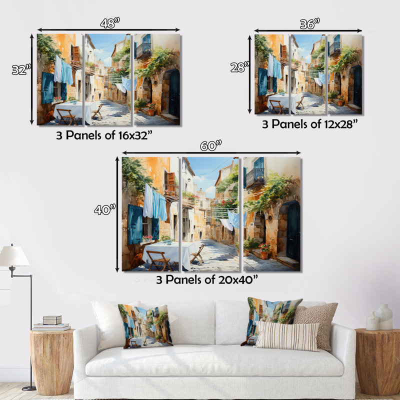Jour de lessive en Italie I - Art mural, H 12 po x l 20 po x P 1 po, Encadrement argenté