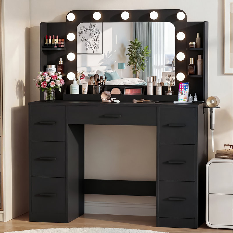 Makeup Vanity with Lights & Power Outlet - 3 Color LED Mirror, 14 Storage Organizers, Makeup Table for Bedroom & Dressing Room