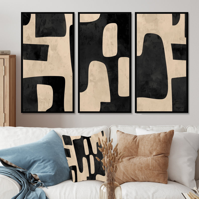 Ensemble de décorations murales géométriques beiges et noires mosaïques Boho, H 28 po x l 36 po, Noir