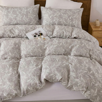 Queen Duvet Cover Set,100% Cotton Double Gauze,Gray Botanical Leaf Muslin Bedding,Soft Airy Breathable Farmhouse Bedding Set, 3 Pieces