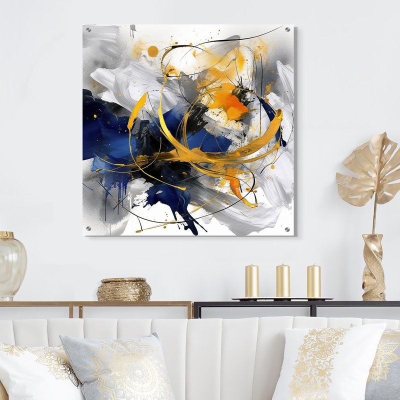 Art mural en acrylique sur fond bleu foncé et or à coups de fractales xiv, H 36 po x l 36 po