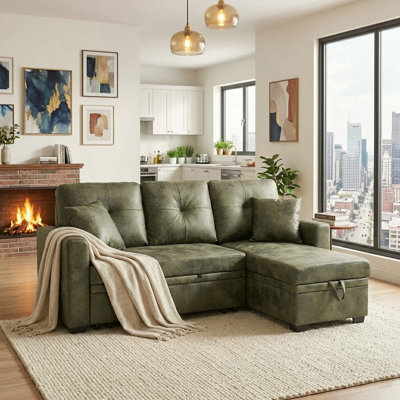 Sleeper Sofa, Sectional with Pull-Out Bed, Reversible Chaise, Storage Sectional,  Olive Green breathable  fabric, Small Space Solution, Convertible Sofa Bed, Living Room Furniture, L-Shaped Sofa