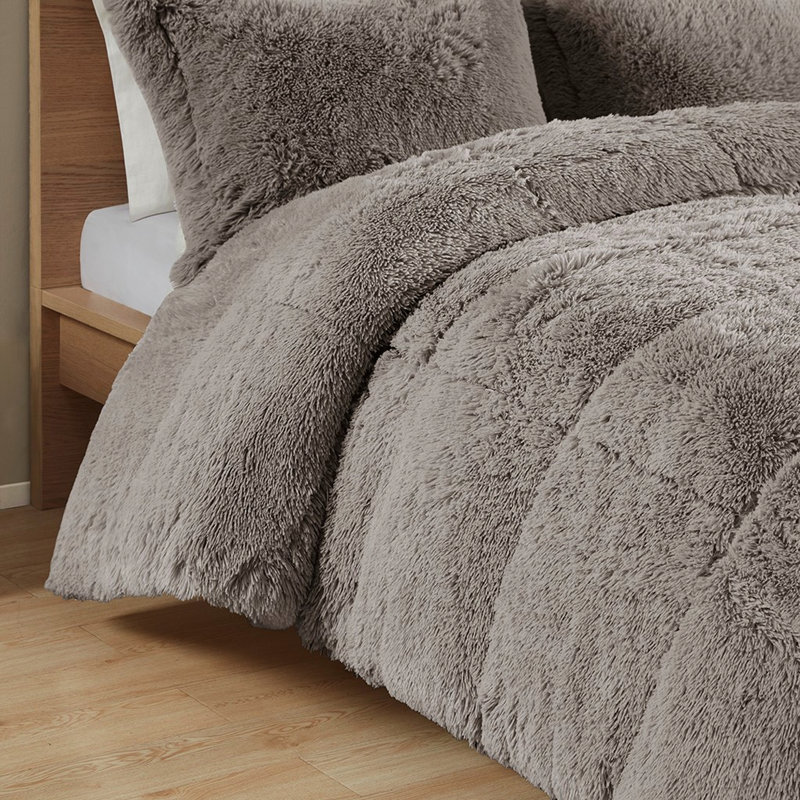 Édredon double pour lit double / grand lit gris, fourrure longue à poils longs, chaud double / grand, chaleur moelleuse