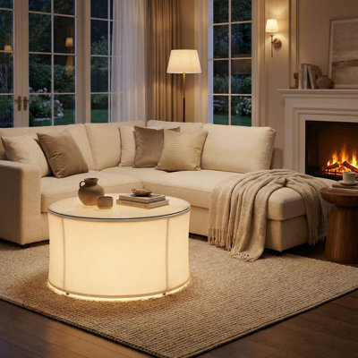 29"W Round Coffee Table With Adjustable LED Light, Glass Coffee Table