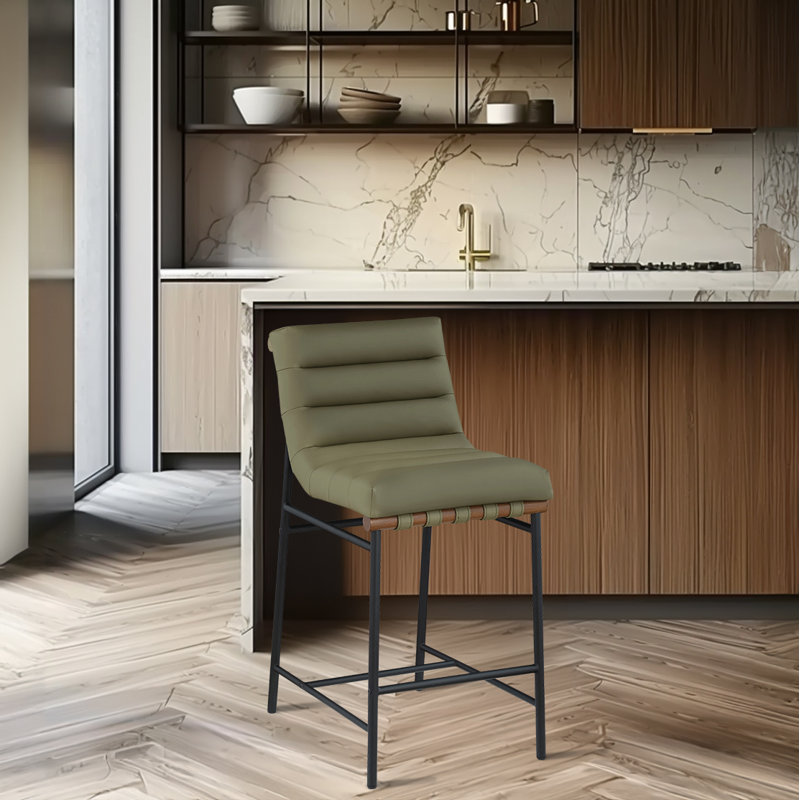 Tabouret de comptoir Vincentas, Cuir végétalien vert, Tabouret de comptoir (siège d'une hauteur de 26,4