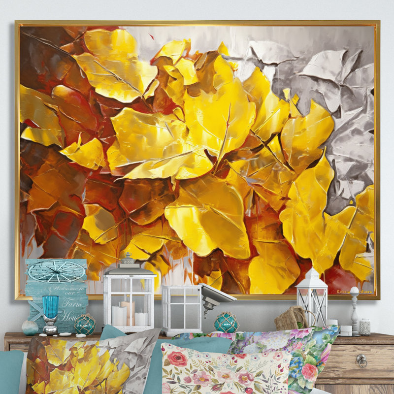 «Golden Foliage Abstraction I» sur toile, Cadre flottant doré, H 34 po x l 44 po x P 1,5 po