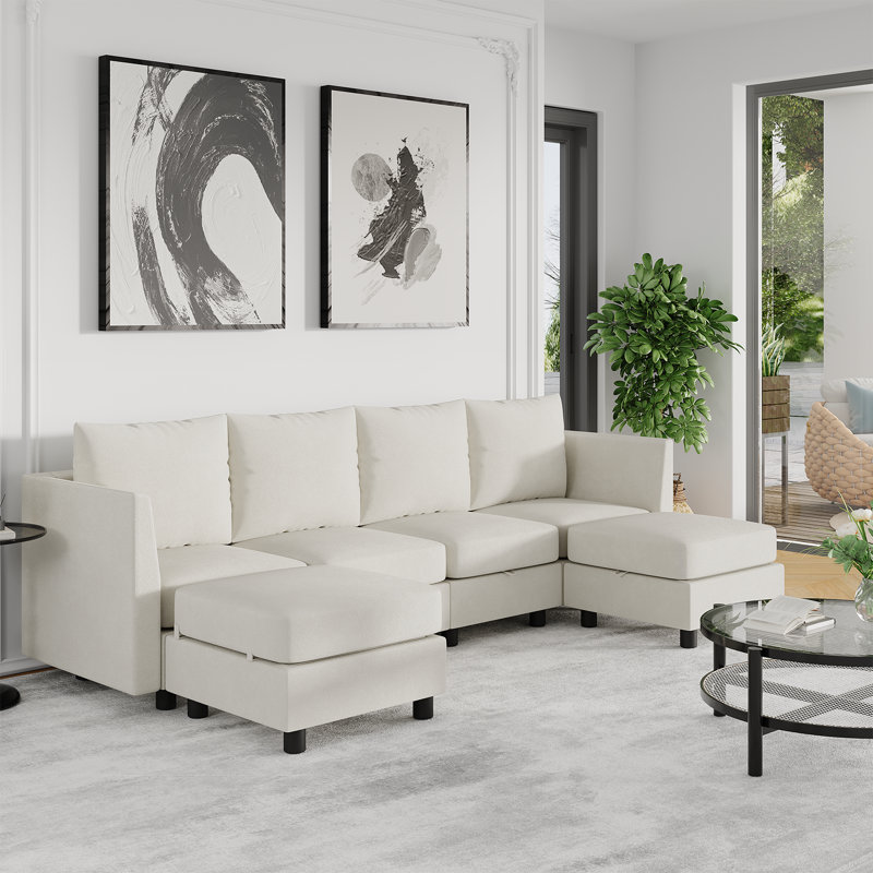 Canapé modulaire en U rembourré en chenille, H 35,83 po x l 104,7 po x P 52 po, Chenille beige