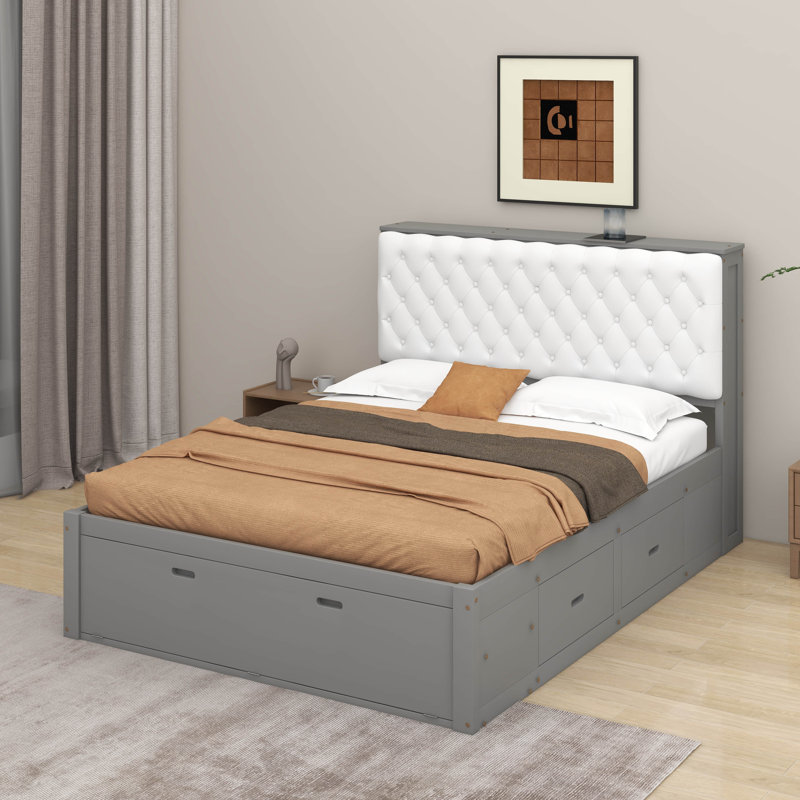 Grand lit plateforme avec tête de lit, étagère à chaussures et tiroirs, Gris