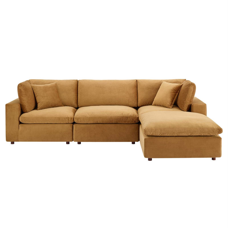 Commix Wide Velvet Reversible Corner Sectional with Ottoman, Cognac