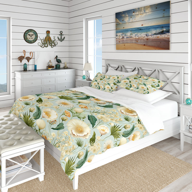 Ensemble de housse de couette Seashell Sketches, Housse de couette pour grand lit et 2 taies décor