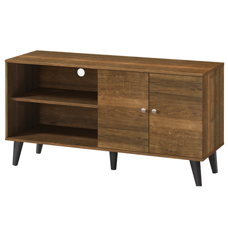 Brown Tv Stand Accommodating 50-59 Inch Tvs. 2 Storage Shelves & 1 Cabinet. Modern Entertainment Centre For Living Space. Functional Open Shelf Electronic Goods. Hidden Mid-Century Style Design.