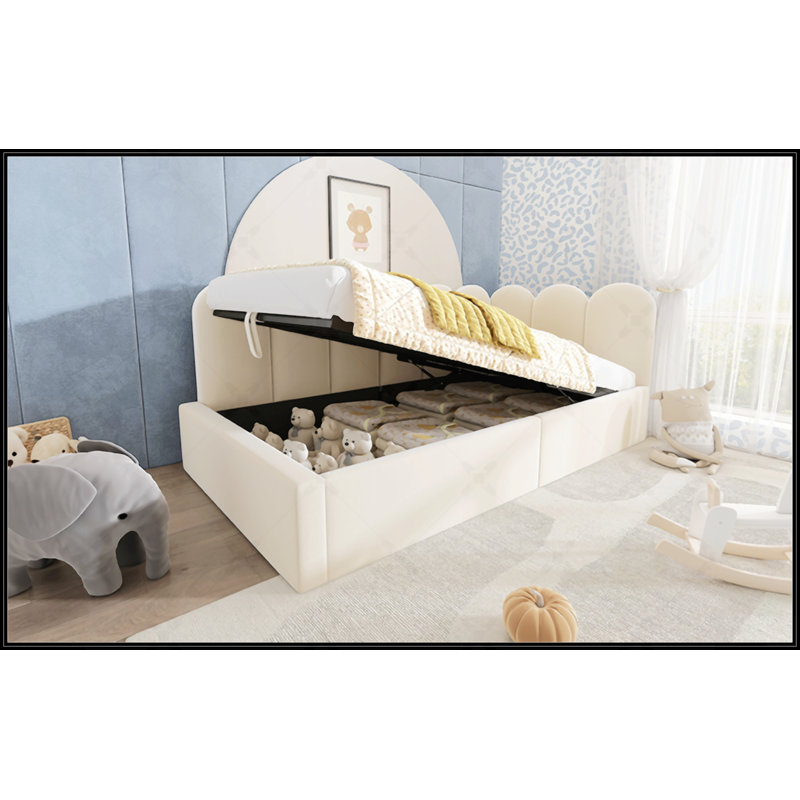 Upholstered Daybed With Hydraulic Storage, Twin Size, Velvet Fabric, And Metal Slatted Frame For Small Spaces, Beige