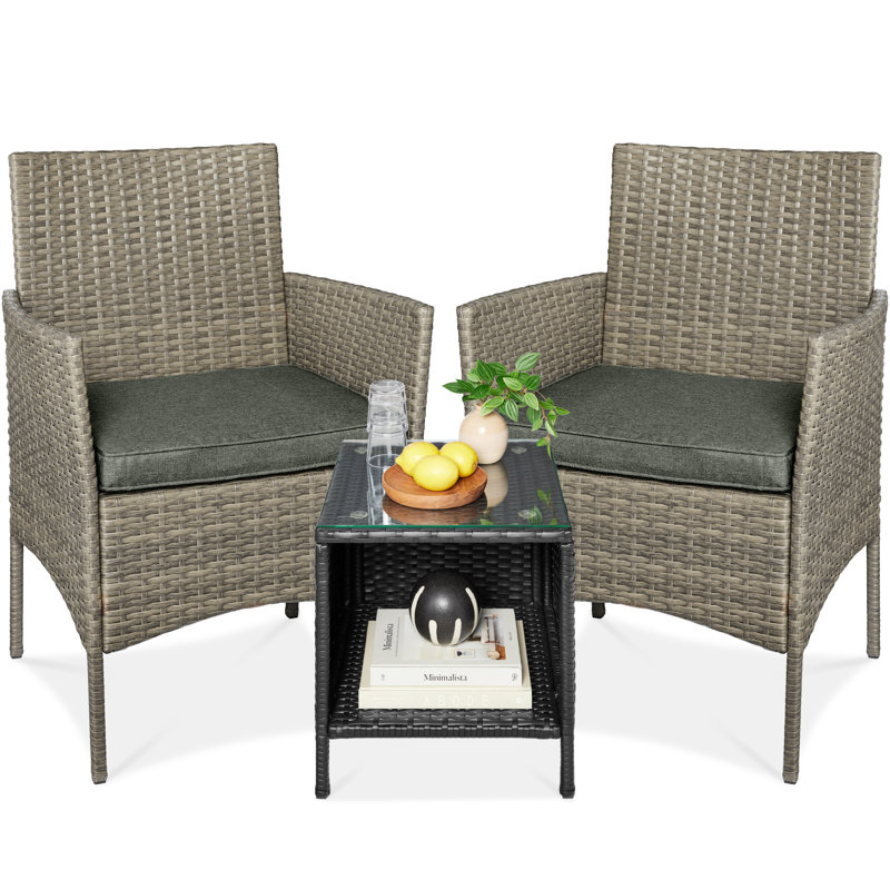 3-Piece Outdoor Wicker Conversation Patio Bistro Set, W/ 2 Chairs, Table, Gray Cushion/Gray Frame