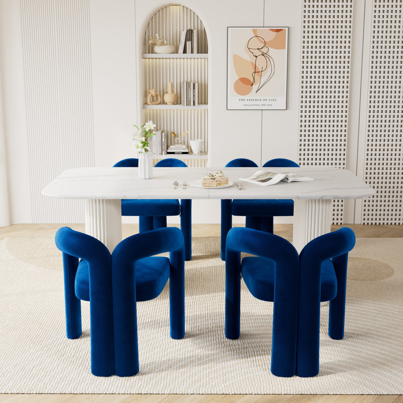 White Marble Top Double Pedestal Dining Table Set, 5, Blue