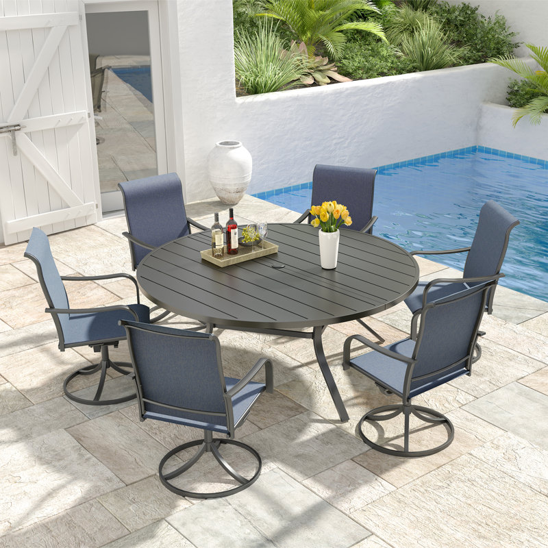 6-person Round Dining Set With Swivel Chairs, Blue