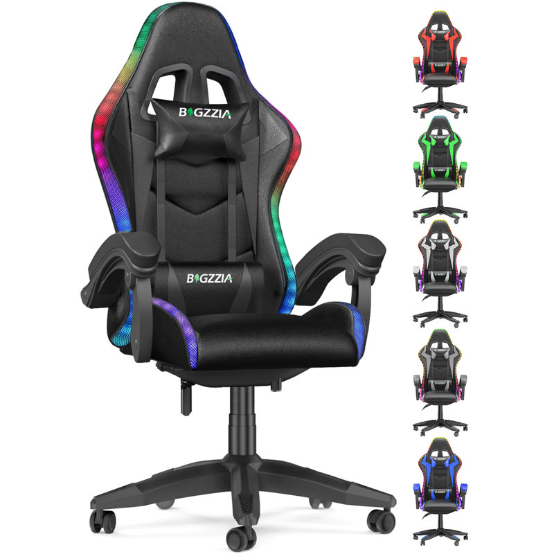 Reclining Gaming Chair with LED Lights and Headrest, Black