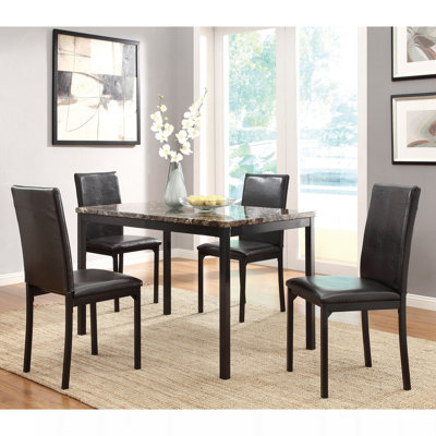 Table de salle à manger de style simple, 1 pièce, plateau en faux marbre brun, structure en métal noir, mobilier de salle à manger de style transitionnel