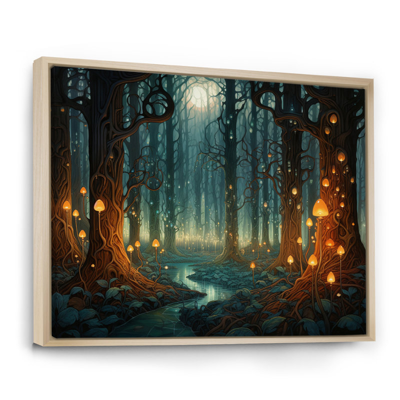 «Glowing Lights In The Full Moon Forest Magic», art mural prairie, H 16 po x l 32 po x P 1 po, Cadre naturel flottant