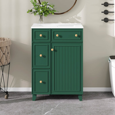 Meuble-lavabo simple 24 po avec lavabo en céramique, meuble-lavabo de salle de bain 24 po avec 2 tiroirs et 1 porte à fermeture en douceur