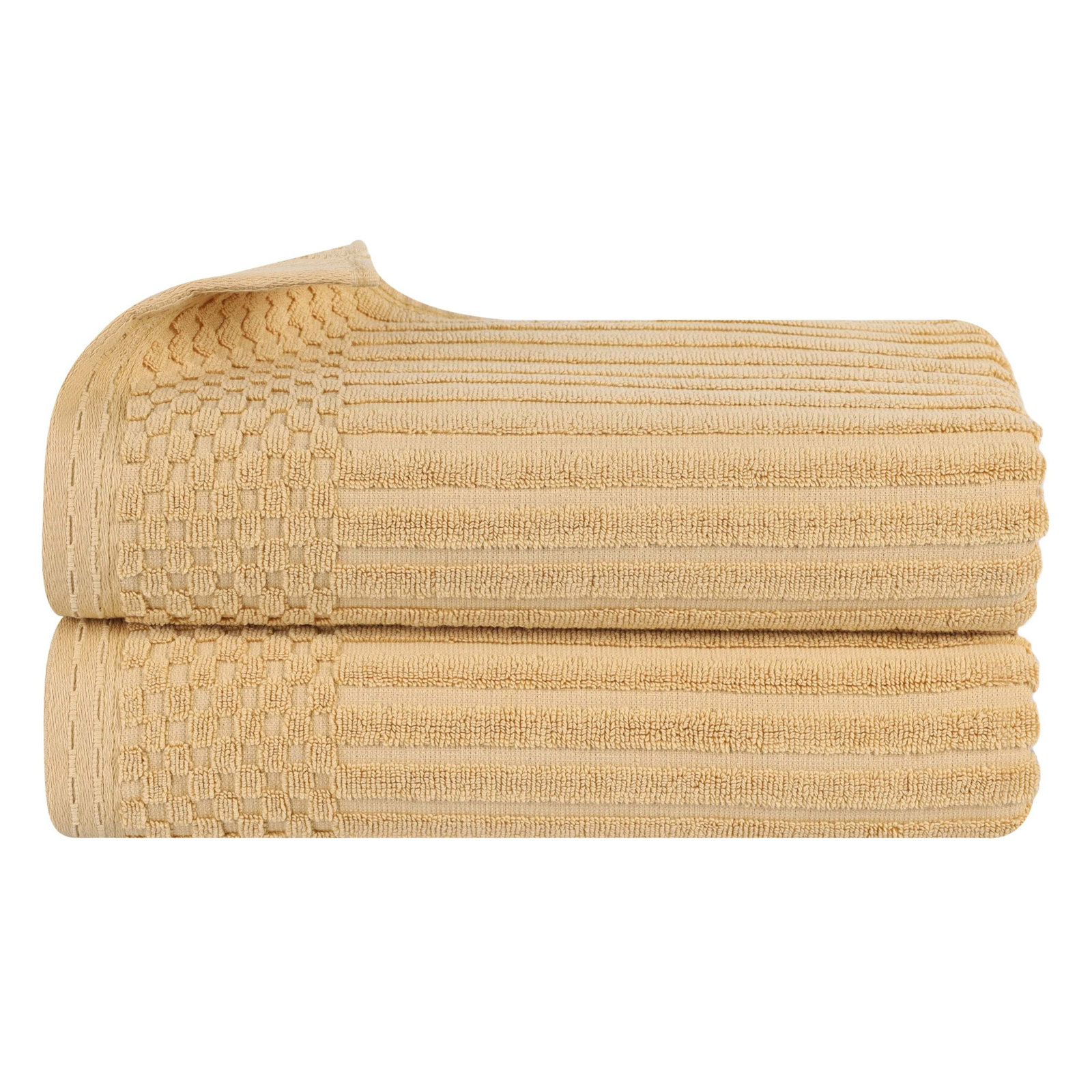 Ruvins Cotton Highly Absorbent 8-Piece Solid and Checkered Border Towel Set, Gold, Bath Sheet 2-Pack