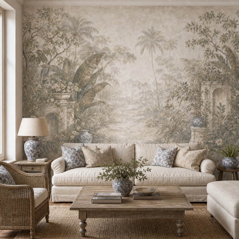 Papier peint paysage tropical avec palmiers, Non-Woven Nonpasted, 120"x96"