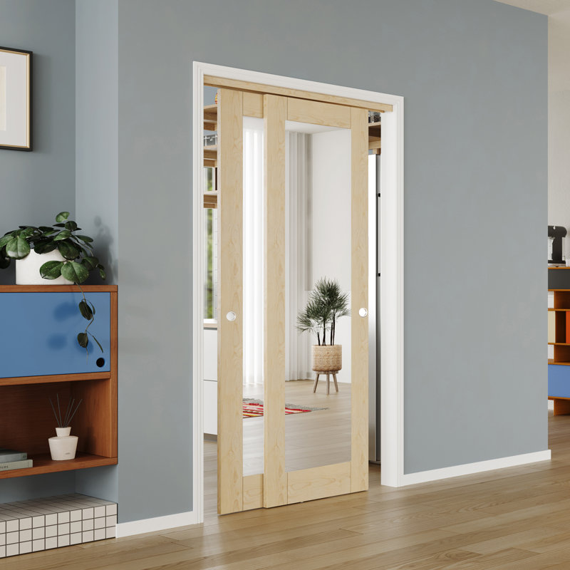 Porte de placard coulissante - 1 miroir avec cadre en bois, porte coulissante en panneau de fibres à densité moyenne avec poignée et tringle coulissante
