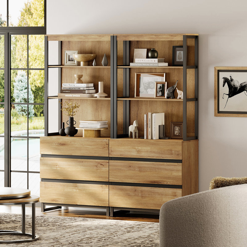 Aadam 2 PCS Modern 72" Tall Bookcase With 6 Drawers And Open Book Shelfs, Library Book Shelf With Storage Cabinet And Metal Base, Wood Freestanding Bookshelves