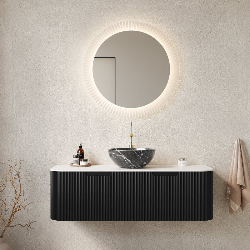 Meuble-lavabo de 48 po avec lavabo, meuble de rangement, lavabo en céramique noire, motif en pierre, rangement haute résistance de 48 po, bol rayé en 3D, préinstallé, fonctionnement silencieux du tiroir