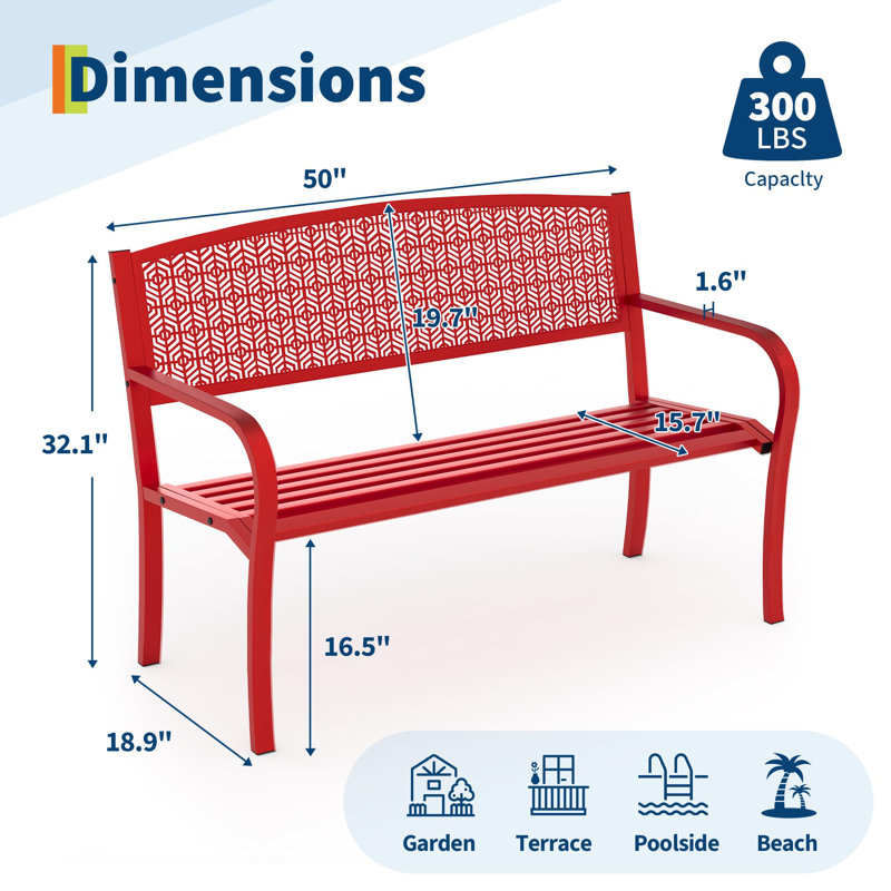 Heavy Duty 50 Inch Garden Bench, Ergonomic Metal Outdoor Bench for Outside Seating, Modern Patio Furniture with Geometric Pattern, Weatherproof Seating for Yard, Deck and Porch