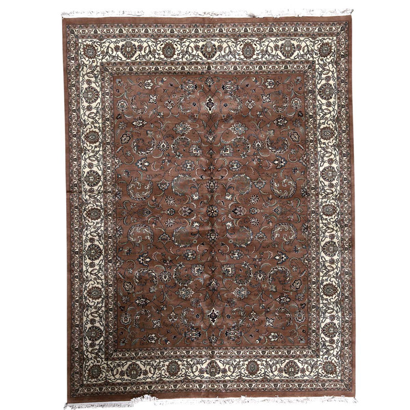 Tapis brun / ivoire / bleu en laine noué à la main 8 pi 11 po x 11 pi 10 po