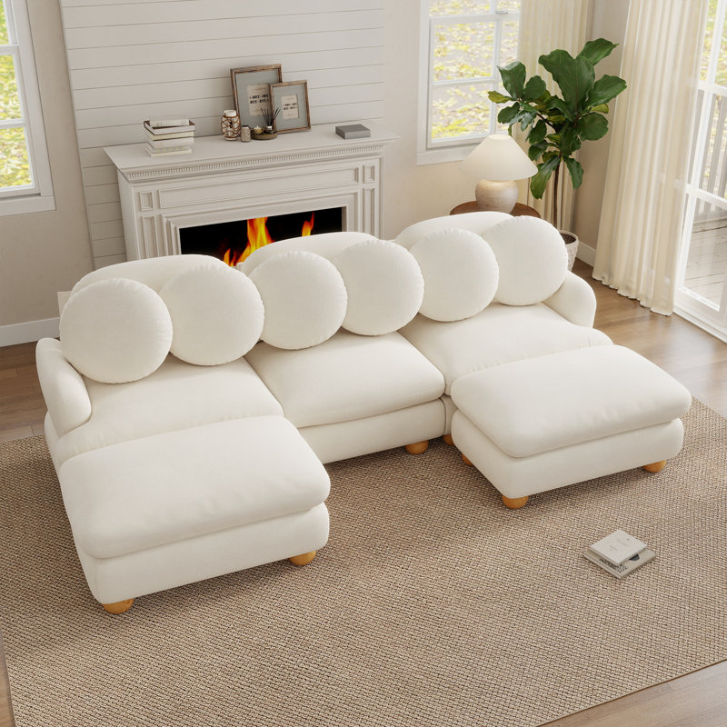 Ensemble de salon modulaire 5 pièces en chenille avec 2 poufs, 6 coussins ronds et pieds en bois massif, couleur crème ivoire