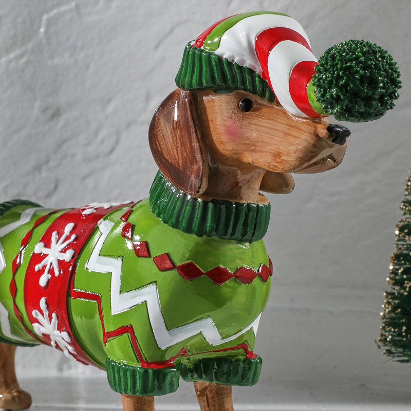 5.5" Festive Resin Dachshund in Green Sweater