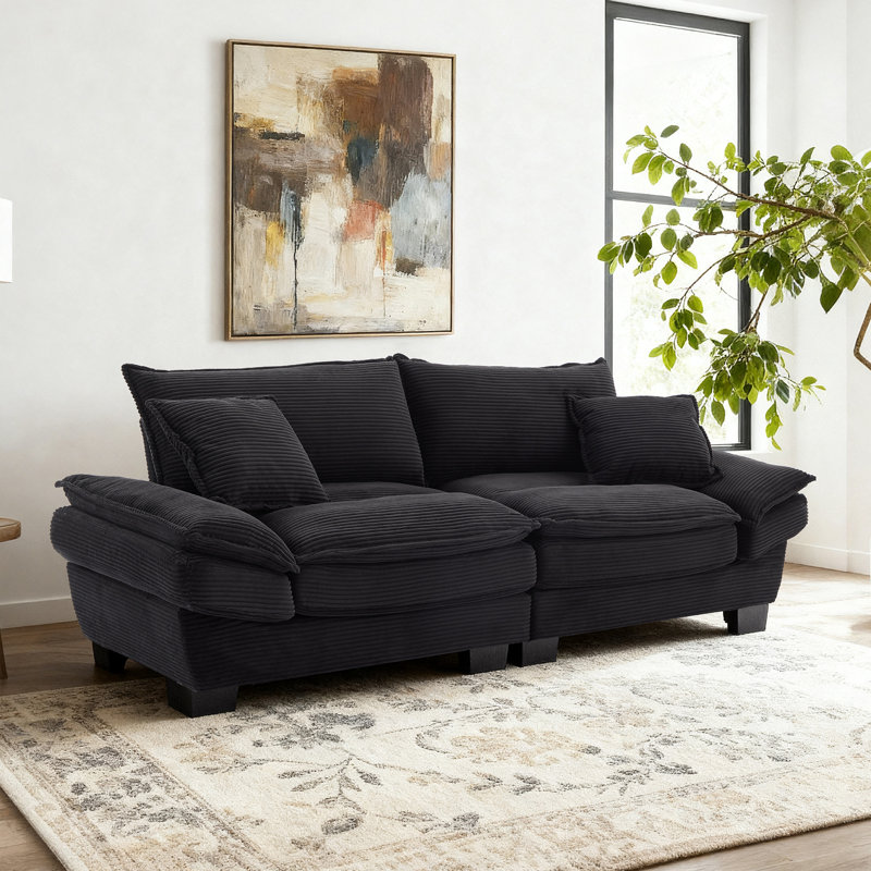 84" Corduroy Sofa Sleeper Couch Comfy Upholstered Loveseat With Pillows For Small Space, Black
