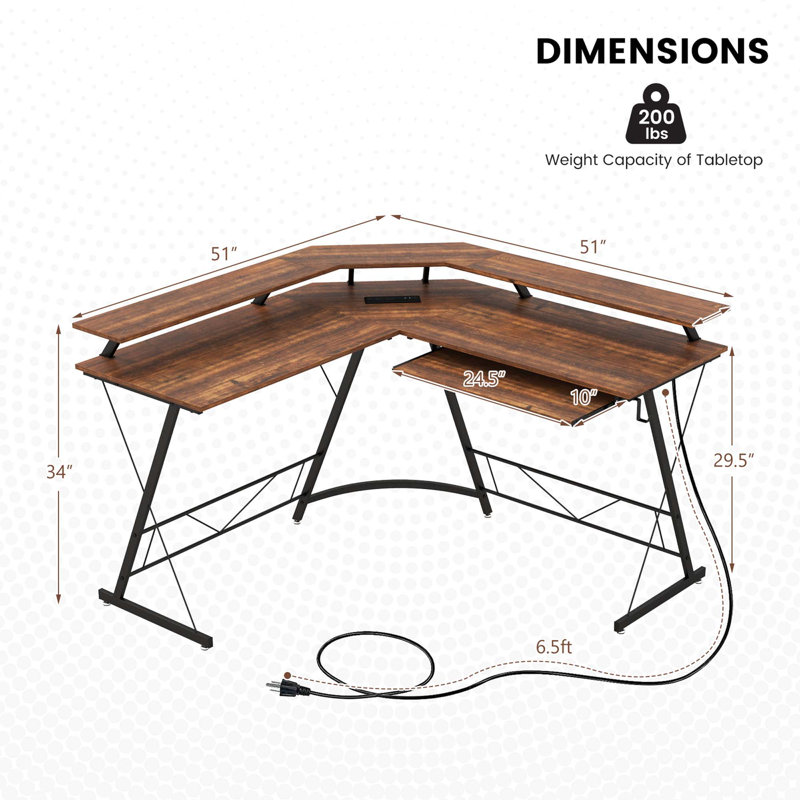 Mamurjon L-Shaped Steel Computer Desk with Built-In Electrical Outlet, Rustic Brown