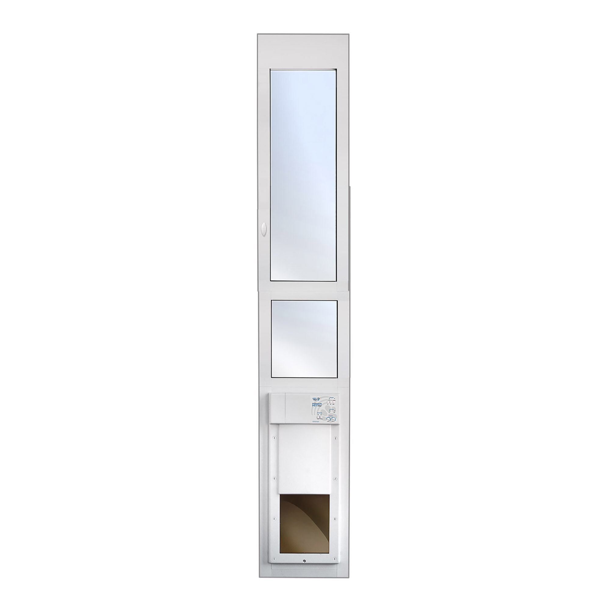 Microchip pet door for sliding outlet glass