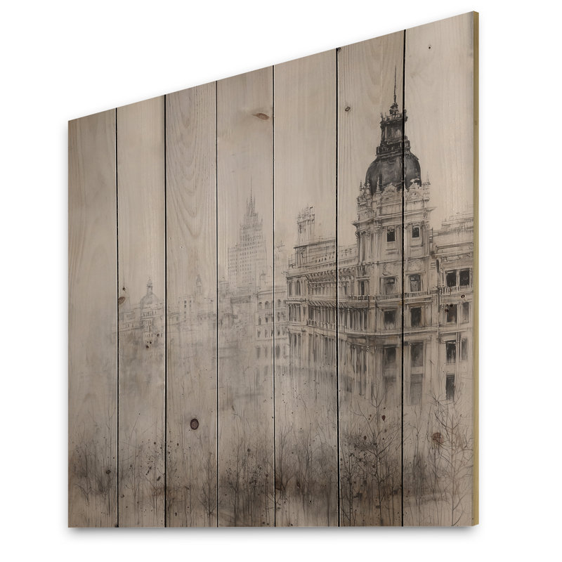 Architecture historique de Madrid sous la pluie I - Impression sur bois gris industriel sur bois de pin naturel