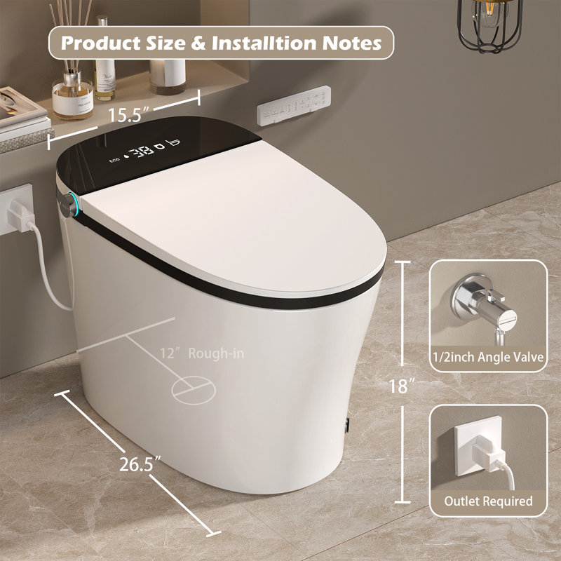 Toilette intelligente à bidet avec couvercle à ouverture / fermeture automatique, capteur de chasse et de chasse d'eau automatique, siège chauffant, lavage à l'eau chaude, affichage à DEL, veilleuse, installation brute de 12 pouces