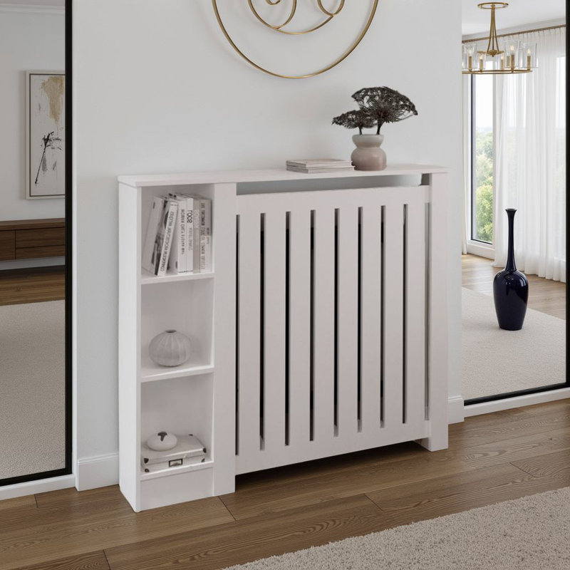 Armoire de radiateur Joseph avec cadre à lattes et 3 tablettes, housse de chauffage décorative, mobilier moderne, Blanc