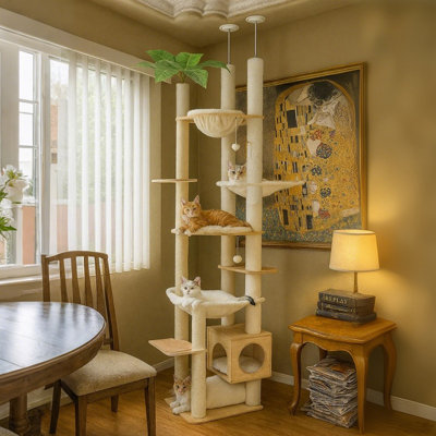 Arbre à chat à hauteur réglable de 90,5 po avec des zones d'escalade et de repos, beige