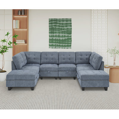 Grado 116"" Wide Chenille Symmetrical Modular Sectional with Ottoman -  Hokku Designs, 6E915525F8884C7BBA11D966D60FB072