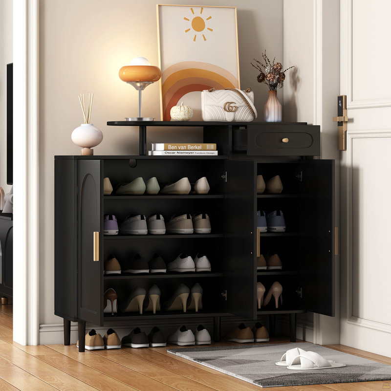 Range-chaussures avec portes arquées et tiroir, buffet de rangement avec tablettes réglables et pieds en bois massif