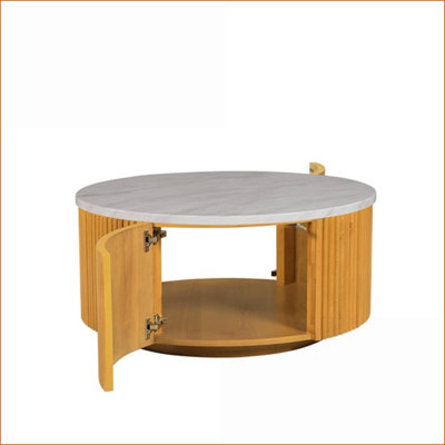 Table basse ronde en faux marbre blanc avec rangement, base en bois naturel et amp; Pas d'assemblage pour le salon