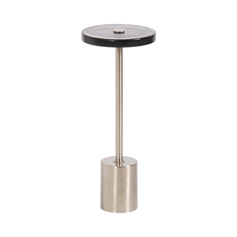 Round Metal and Glass Drink Table, Silver, Gray