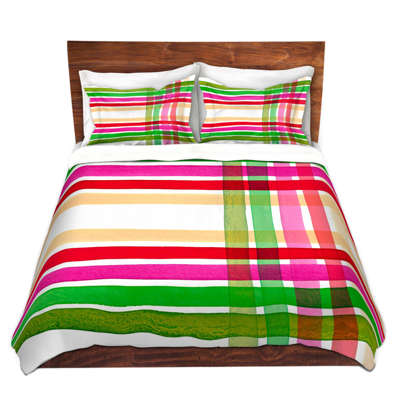 Ensemble de housse de couette à rayures écossaises colorées i, 1 housse de couette grand + 2 taies standards, Rose / vert