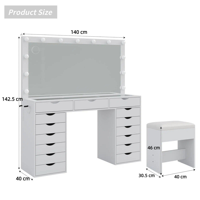 Dressing Table with LED Mirror, 15 Drawers, Power Outlet, Glass Top, 3 Lighting Modes, Stool, White