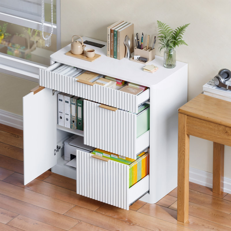 Classeur de bureau moderne autoportant 31 po 31 po, armoire de rangement cannelée blanche avec station de charge de table intégrée, tablettes réglables, grands tiroirs silencieux et poignées en métal, mobilier de rangement polyvalent pour la maison et le bureau