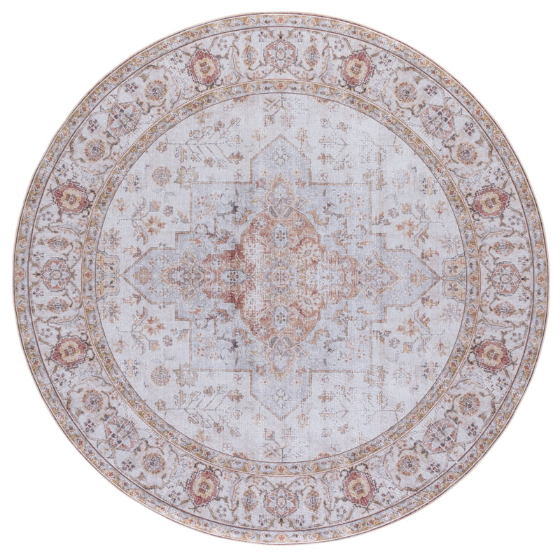 Tucson Windsor Machine Washable Non-Slip Area Rug In Light Grey & Rust, Round 91cm