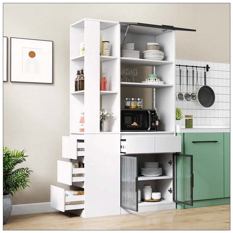 Grande armoire de rangement avec portes en verre, tiroirs et tablettes de présentation, Blanc
