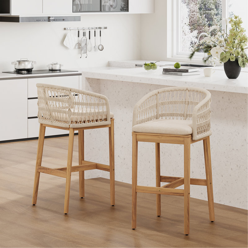 Tabouret de bar d'extérieur en bois et corde, bois fini teck avec coussin, ensemble de 2