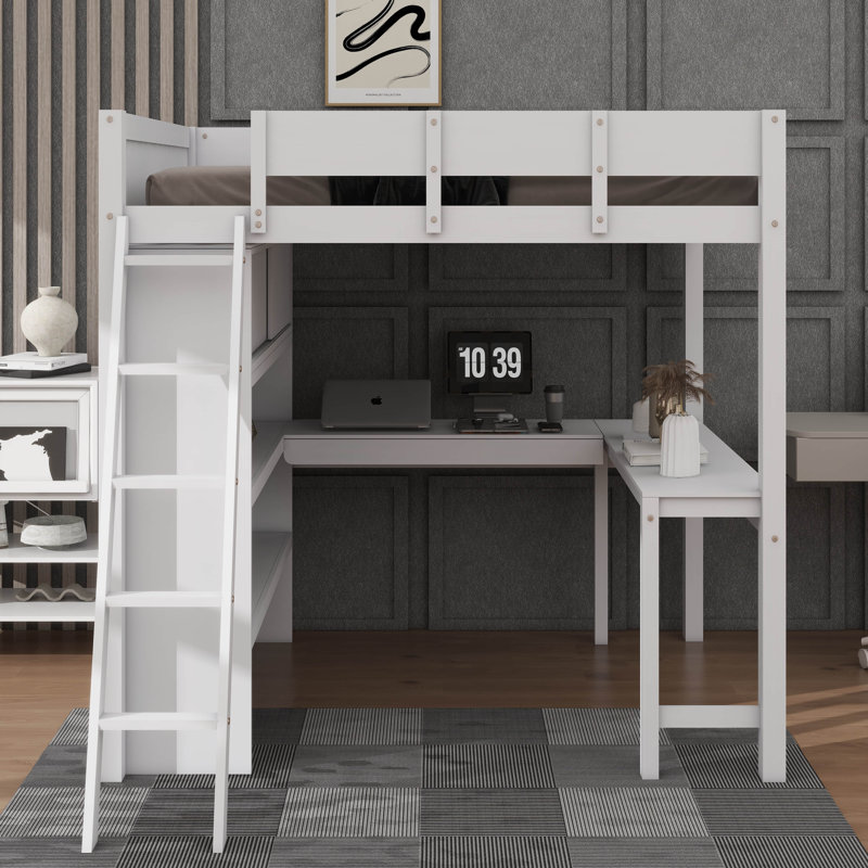 Lit mezzanine double en bois avec bureau et tablette, Blanc